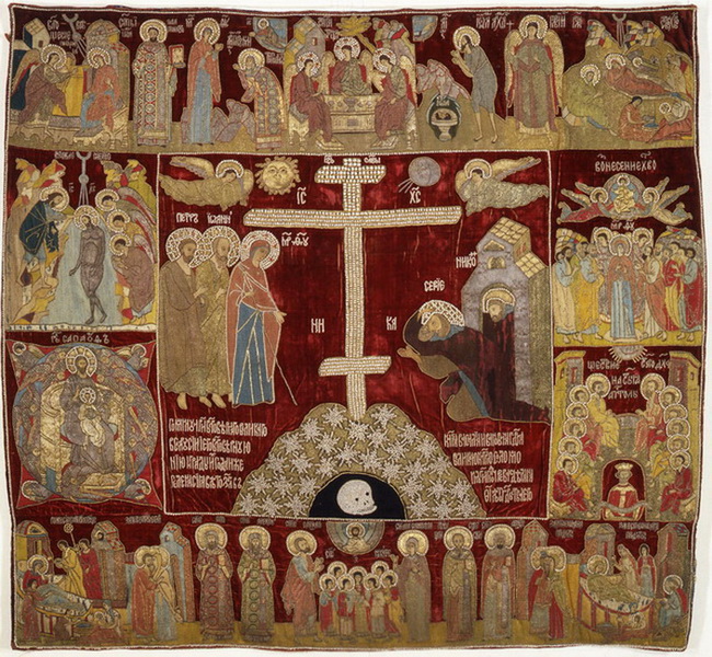 Icon-cloth. The Appearance of  the Virgin to St. Sergius of Radonezh.  Church Feasts and Selected Saints.  1525. 