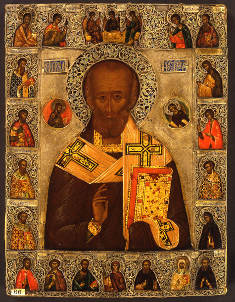 Icon.. St. Nicholas, the Holy Trinity and Selected Saints. 1592 c.