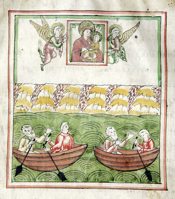 The Appearance of the icon  of  the Virgin to the  fishermen on the lake. Miniature from  «The Tale of  the Icon Depicting  the Virgin Hodigitria of Tikhvin»
