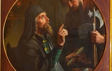 Картина «Архимандрит Дионисий (Зобниновский) вручает грамоту воину»